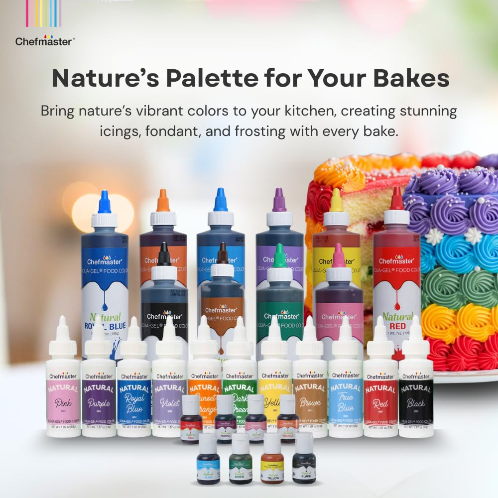 Chefmaster Natural Liqua-Gel 8-color set displayed for even shading in cakes.