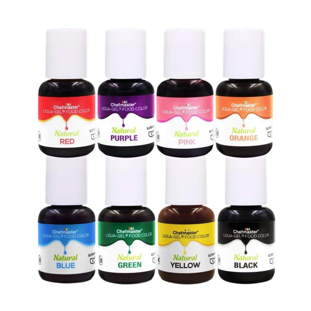 Chefmaster Natural Liqua-Gel color bottle pour shows precise color control for vibrant desserts.