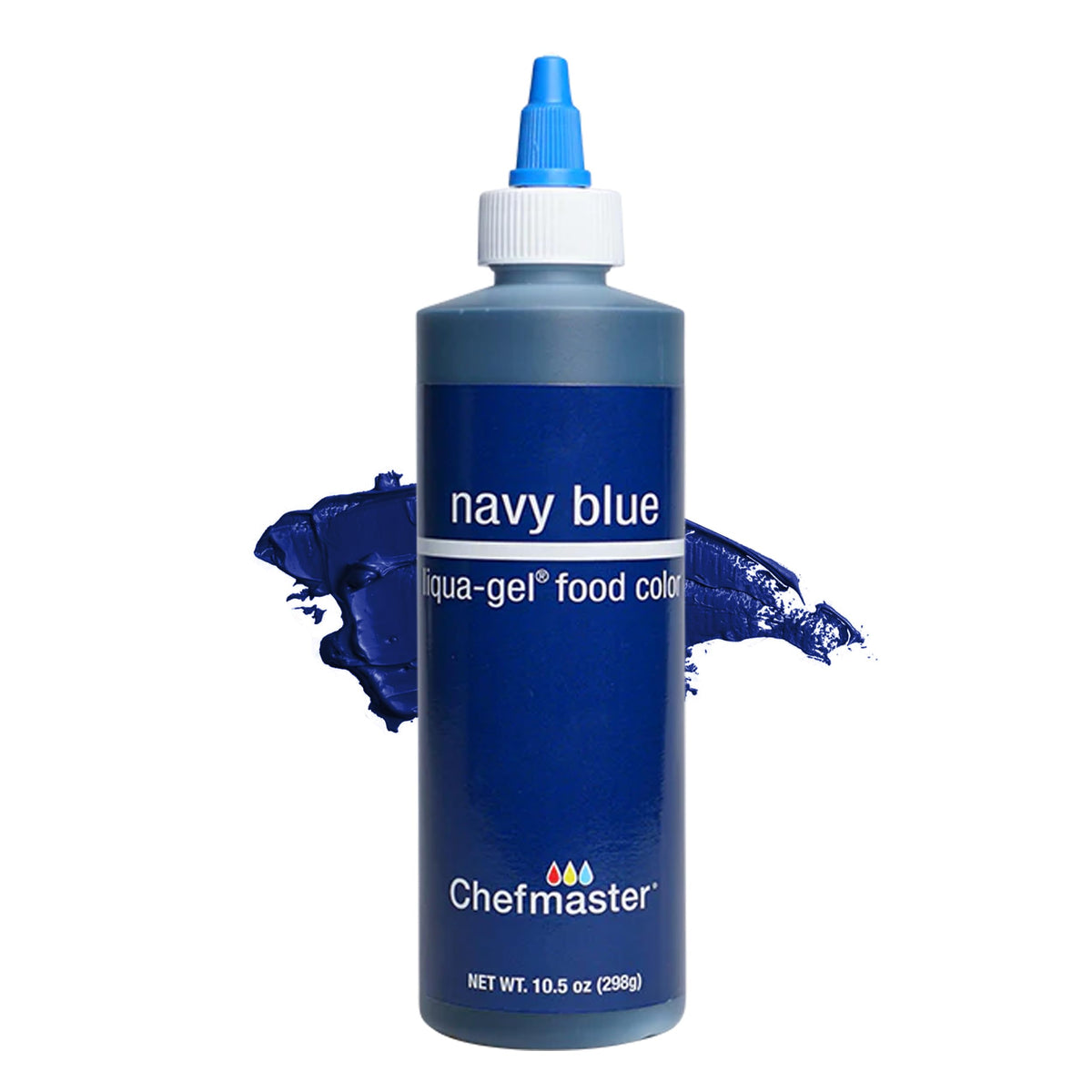 Chefmaster Navy Blue Liqua-Gel bottle highlights vibrant color for icing applications.