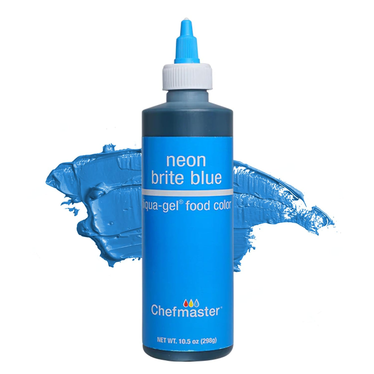 Chefmaster Neon Blue Liqua-Gel bottle close-up for vibrant icing and fondant decor.
