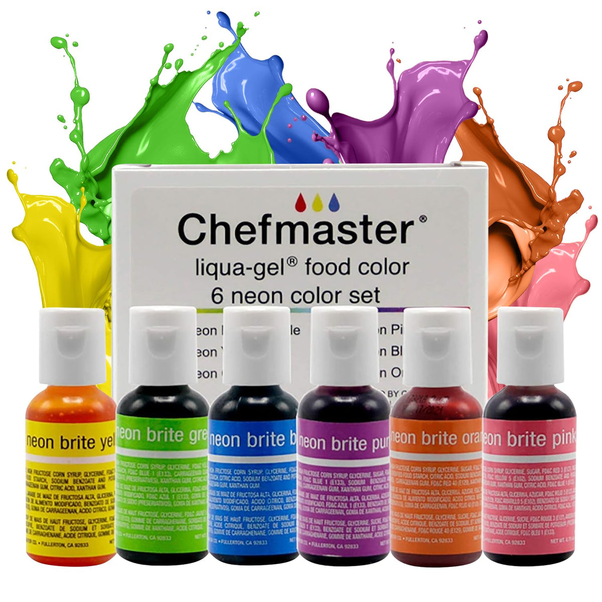 Chefmaster Neon Liqua-Gel 6-pack display for vibrant desserts