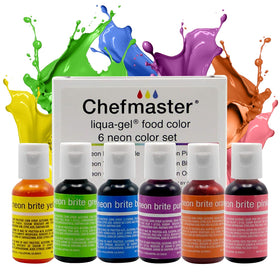 Chefmaster Neon Liqua-Gel 6-pack display for vibrant desserts