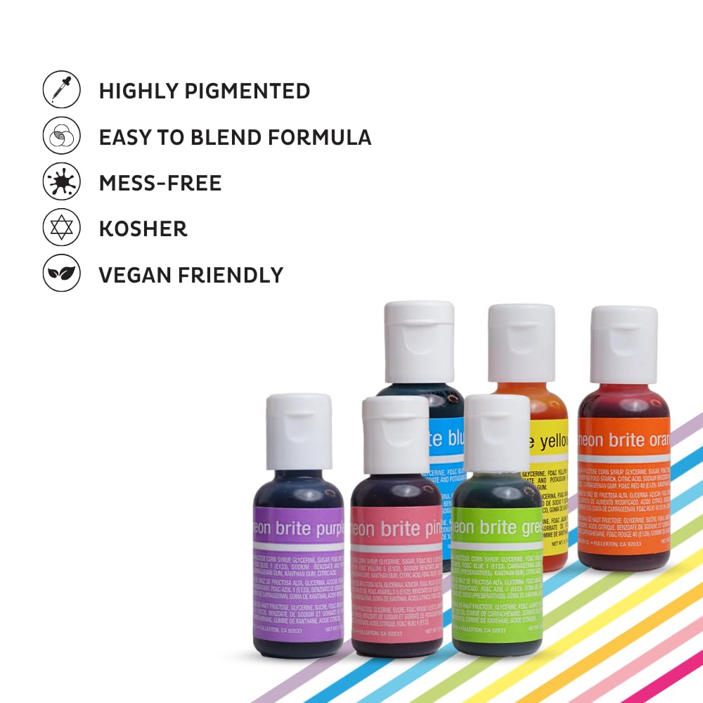 Chefmaster Neon Liqua-Gel swatches show vivid neon hues for fondant