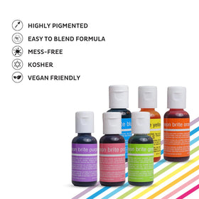 Chefmaster Neon Liqua-Gel swatches show vivid neon hues for fondant