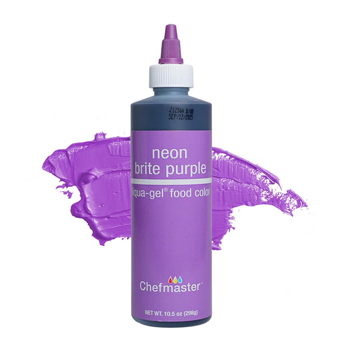 Chefmaster Neon Purple Liqua-Gel bottle for vibrant, fade-resistant color in baked goods.