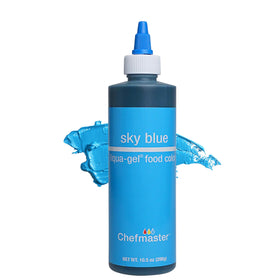Chefmaster Sky Blue Liqua-Gel bottle for vibrant icing color in cakes.