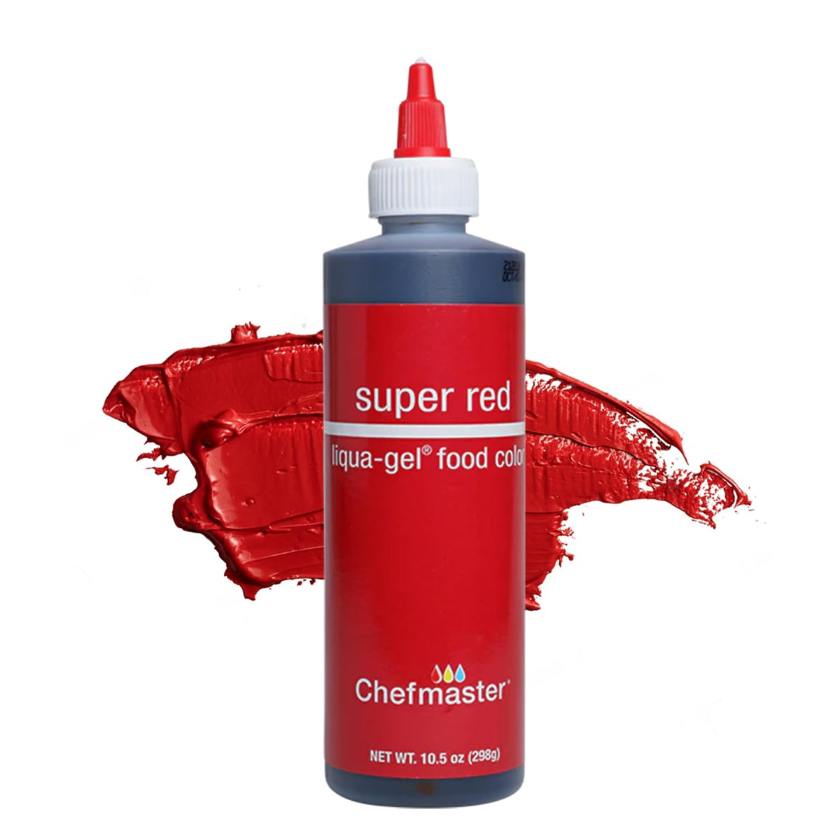 Chefmaster Super Red Liqua-Gel bottle shows vibrant, true-to-shade color for icing.