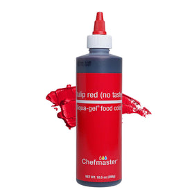 Chefmaster Tulip Red Liqua-Gel bottle cap enables controlled color application.