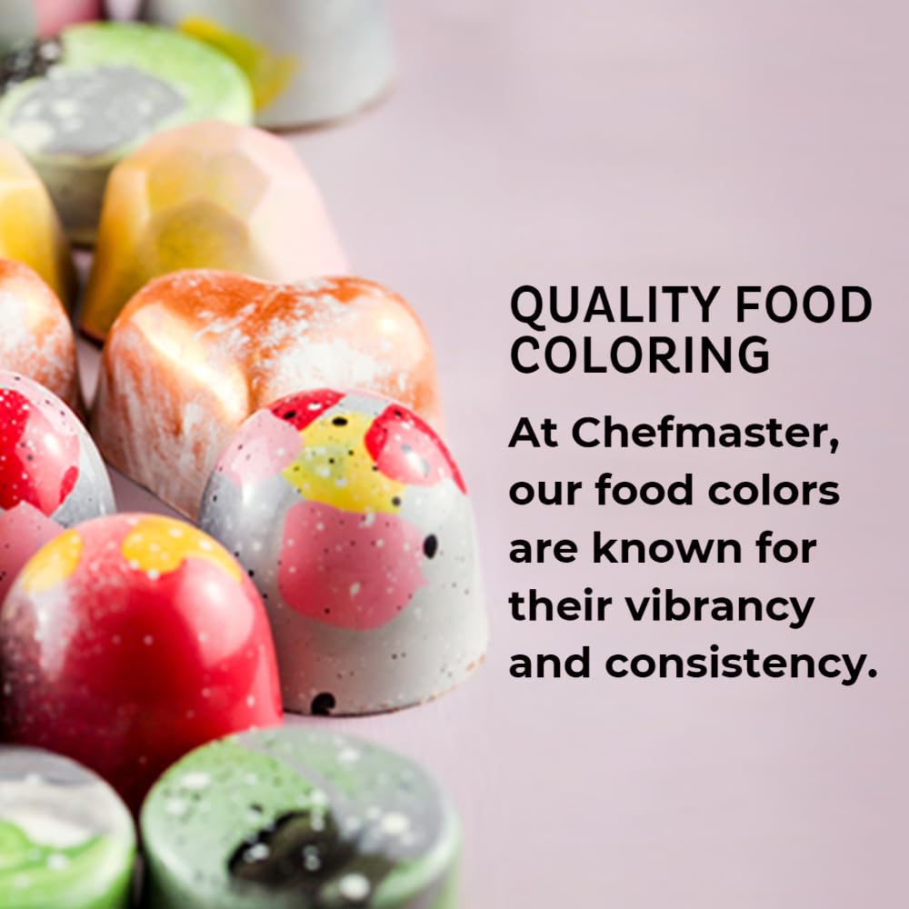Chefmaster USA-made bakery color dyes displayed on a workstation