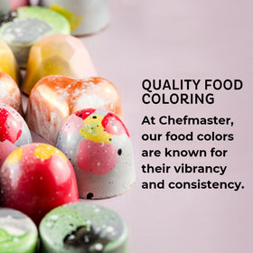Chefmaster USA-made bakery color dyes displayed on a workstation