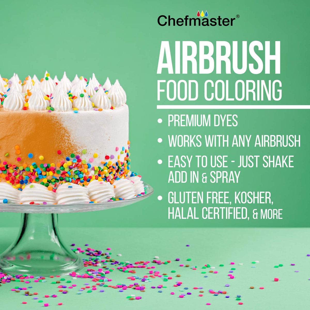 Chefmaster white spray color in action on desserts for vibrant finishes.