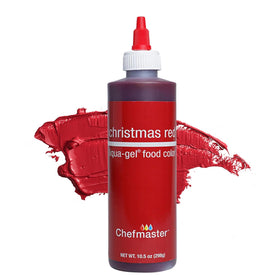 Chefmaster Xmas Red Liqua-Gel bottle shows vibrant, fade-resistant color for icing