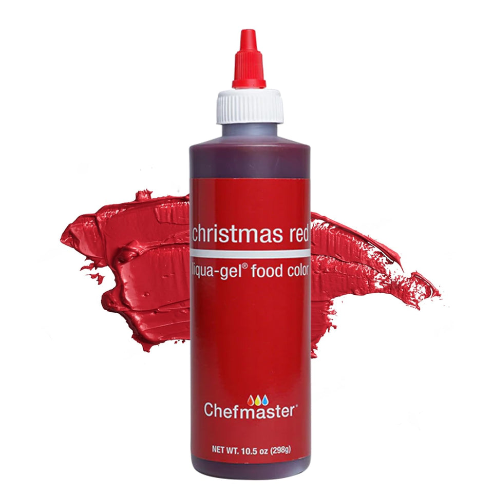 Chefmaster Xmas Red Liqua-Gel bottle shows vibrant, fade-resistant color for icing