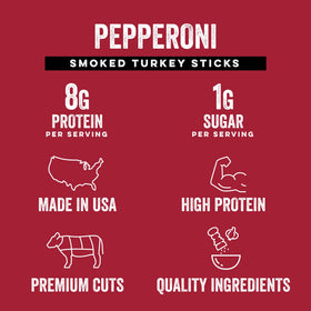 Chef's Cut Real Turkey Jerky pepperoni sticks close-up shows smoky pepperoni-seasoned flavor.