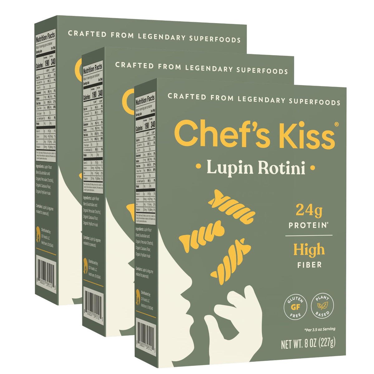 Chef's Kiss Protein Rotini packaging shows a 3-pack, ideal for protein-rich meals