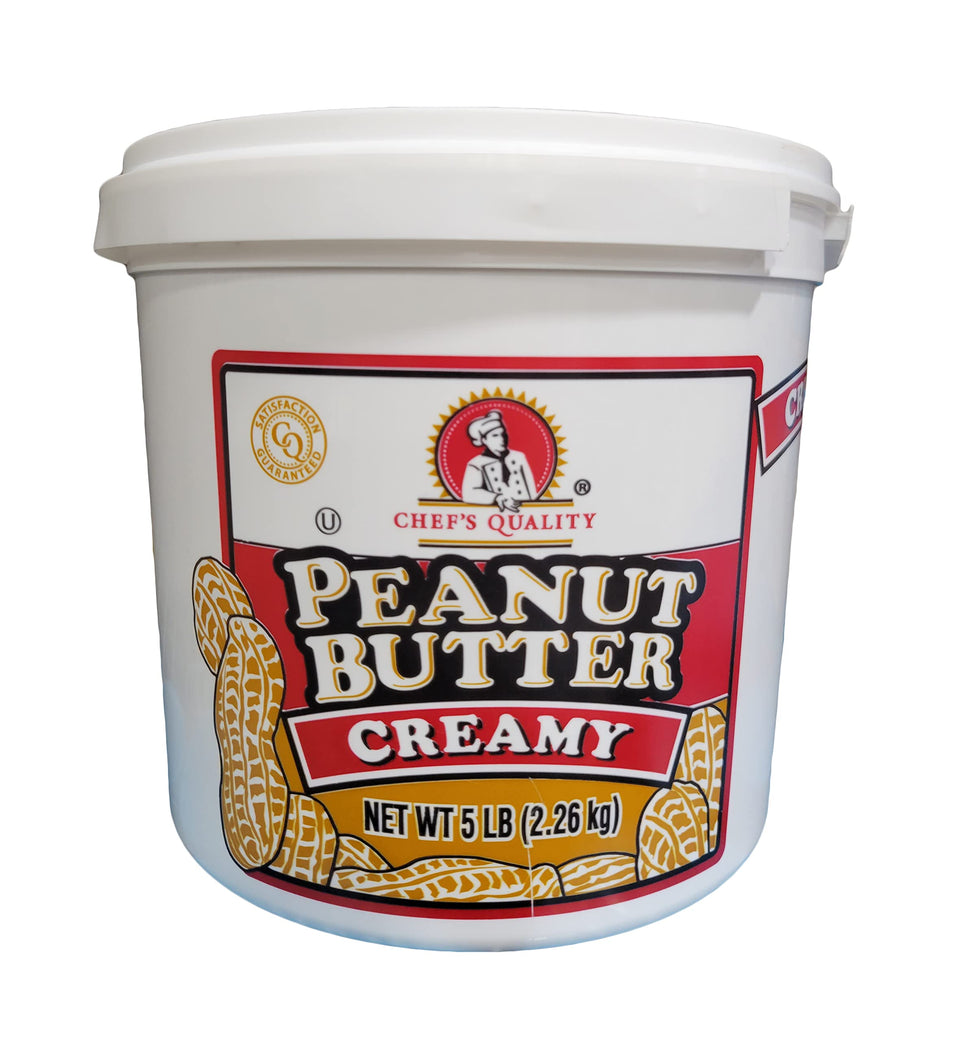 Chef's Quality creamy peanut butter in a 5 lb tub, perfect for family snacking.