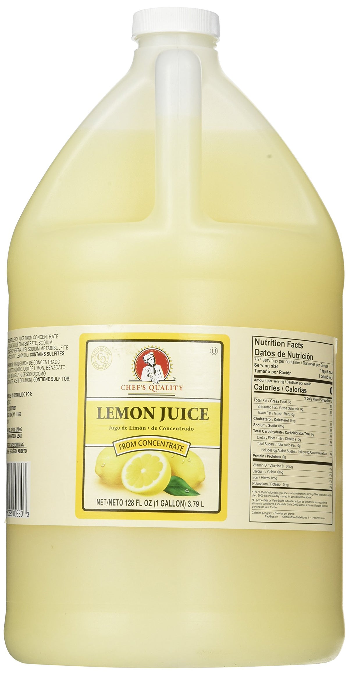 Chef's Quality lemon juice bottle for fresh lemonade and seafood dishes.