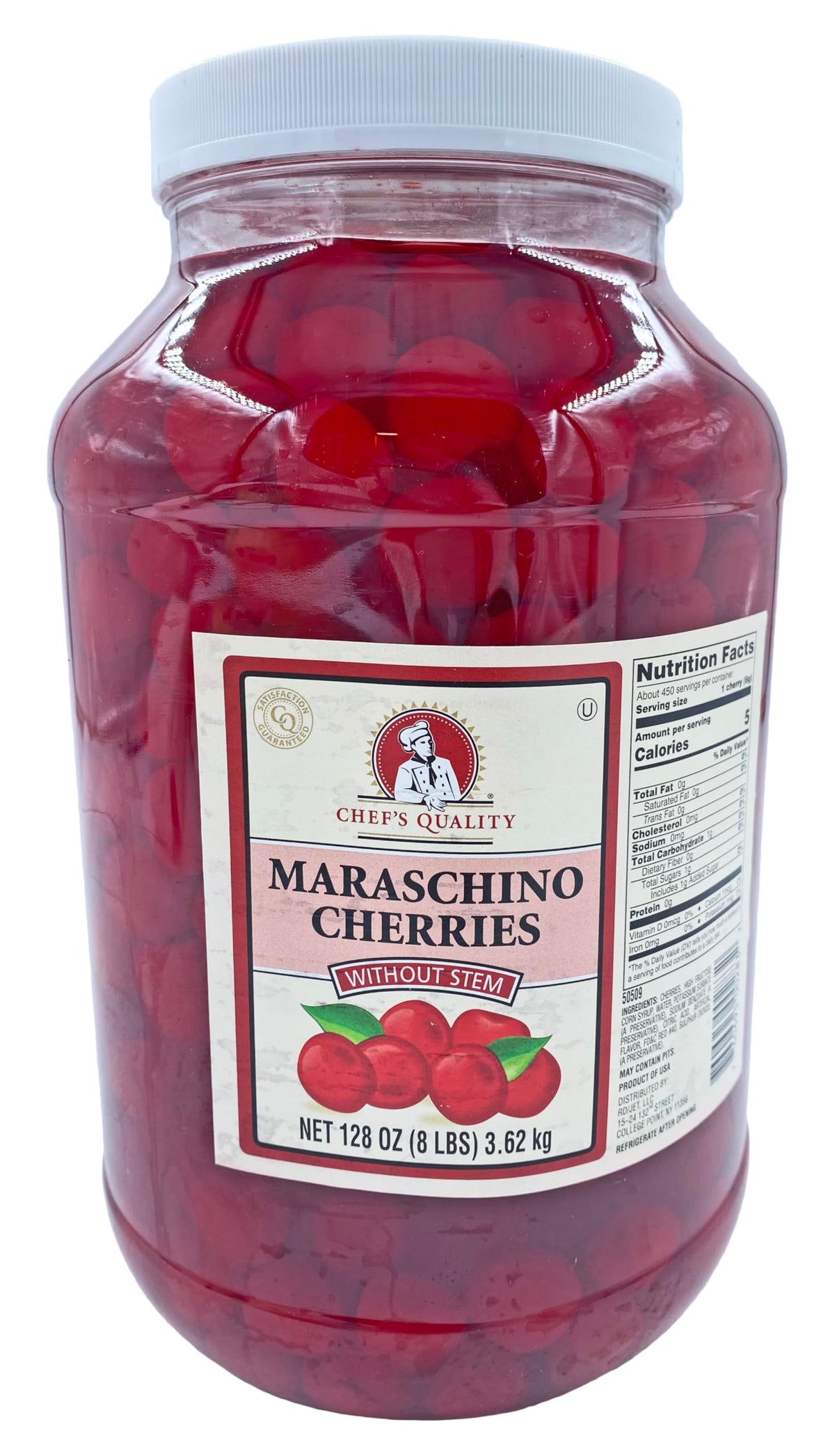 Chef's Quality maraschino cherries no stem in a 1-gallon jar ideal for cocktail garnishes