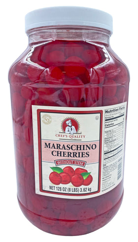 Chef's Quality maraschino cherries no stem in a 1-gallon jar ideal for cocktail garnishes