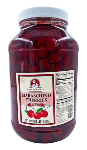 Chef's Quality maraschino cherries with stems in a gallon jar, ideal for cocktails and desserts.
