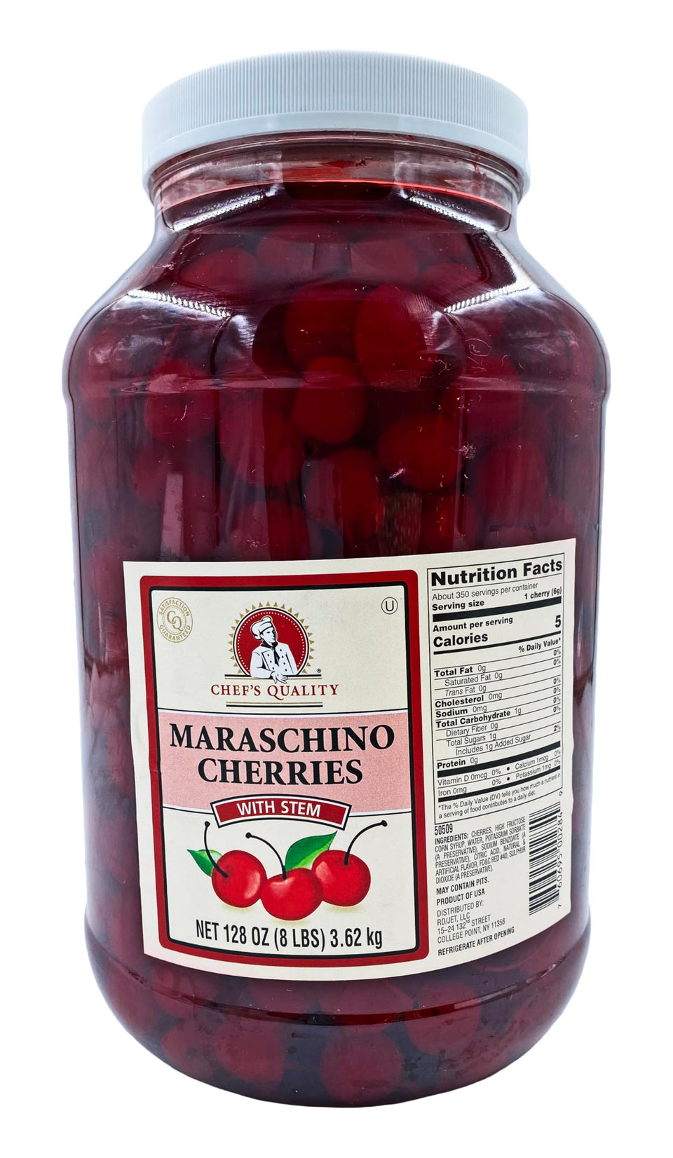 Chef's Quality maraschino cherries with stems in a gallon jar, ideal for cocktails and desserts.