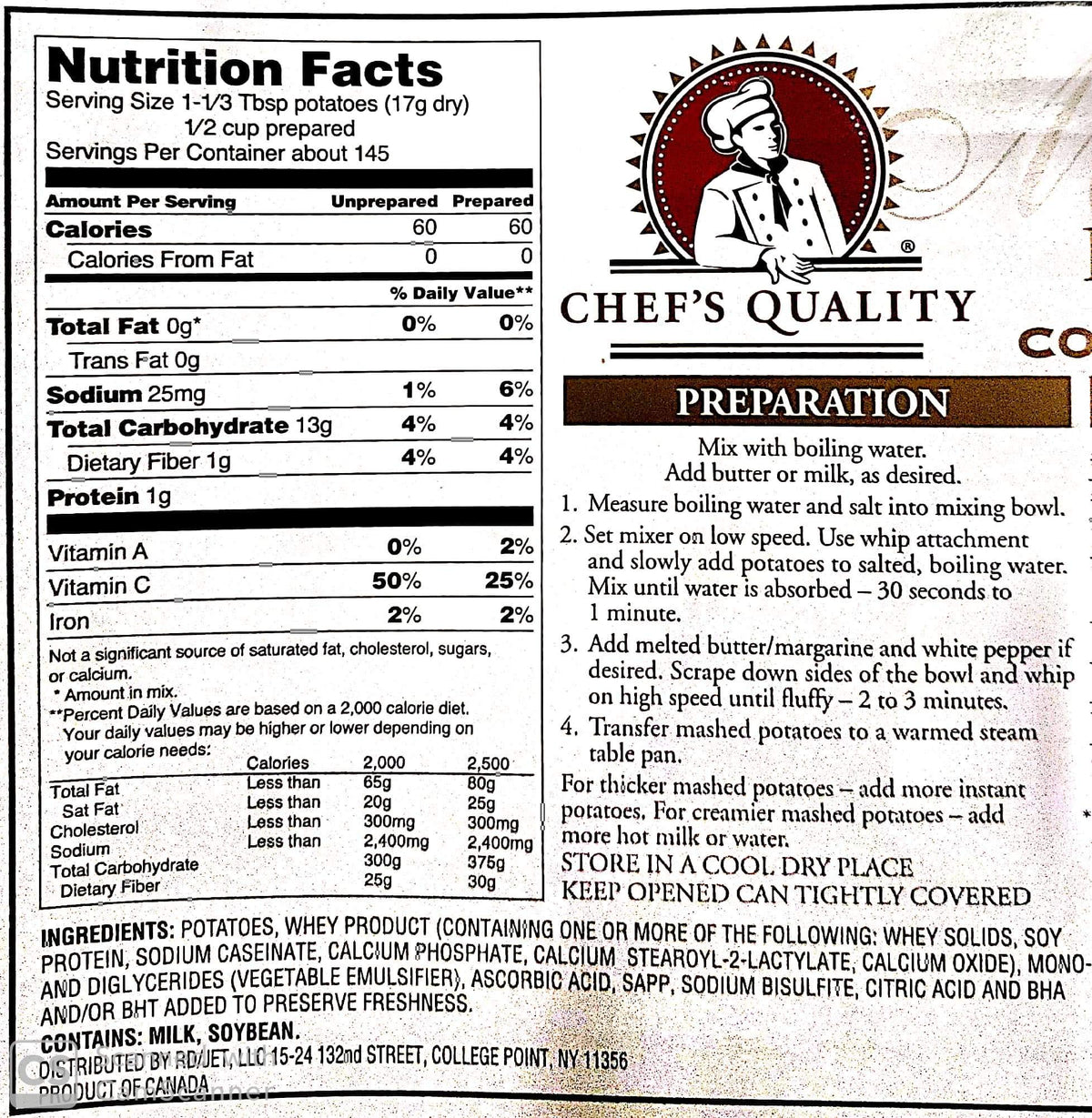 Chef's Quality Mashed Potatoes Complete Instant close-up packaging showing creamy potential.