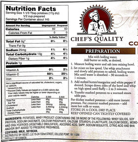 Chef's Quality Mashed Potatoes Complete Instant close-up packaging showing creamy potential.