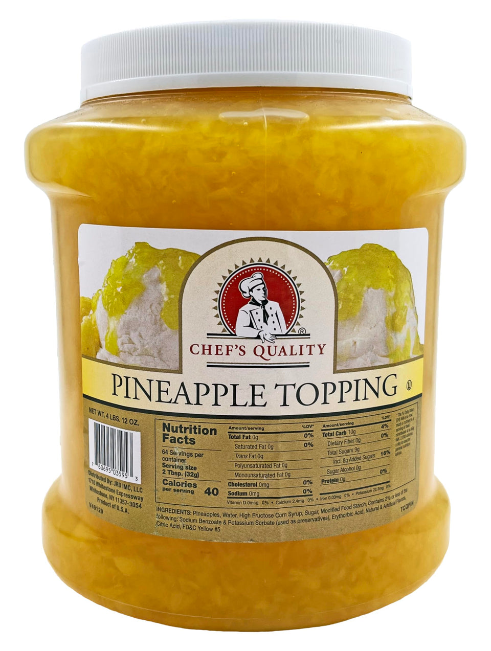 Chef's Quality Pineapple Ice Cream Topping packaging for convenient dessert prep.