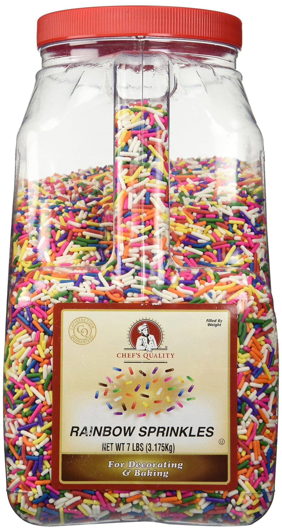Chef's Quality Rainbow Sprinkles jar for decorating cakes and desserts.