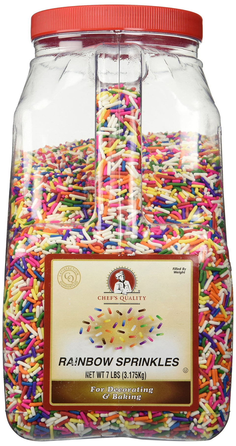 Chef's Quality Rainbow Sprinkles jar for decorating cakes and desserts.