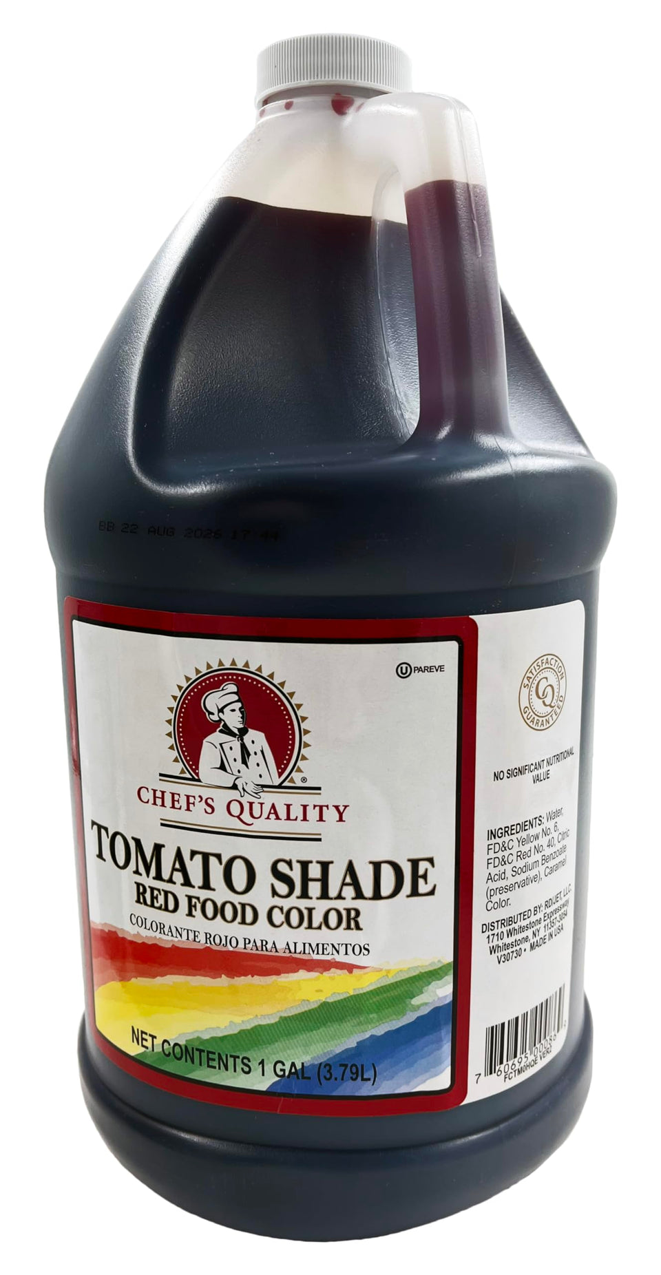 Chef's Quality Tomato Red Food Color front label shows vibrant hue for desserts.