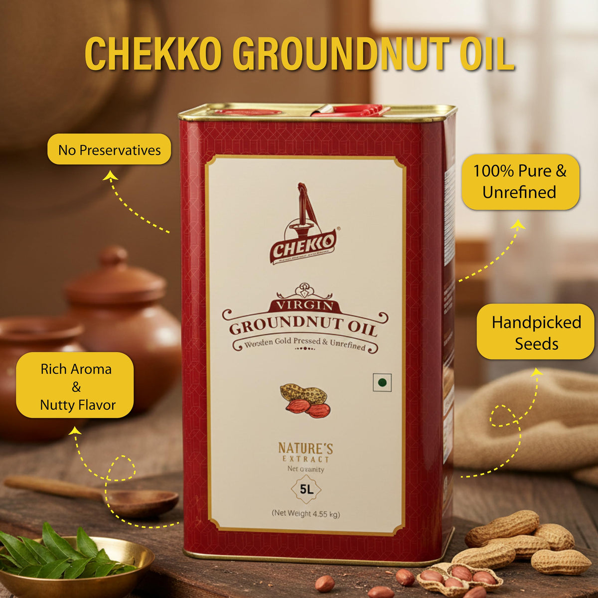Chekko peanut oil 5 liter tin packaging preserves freshness and blocks light