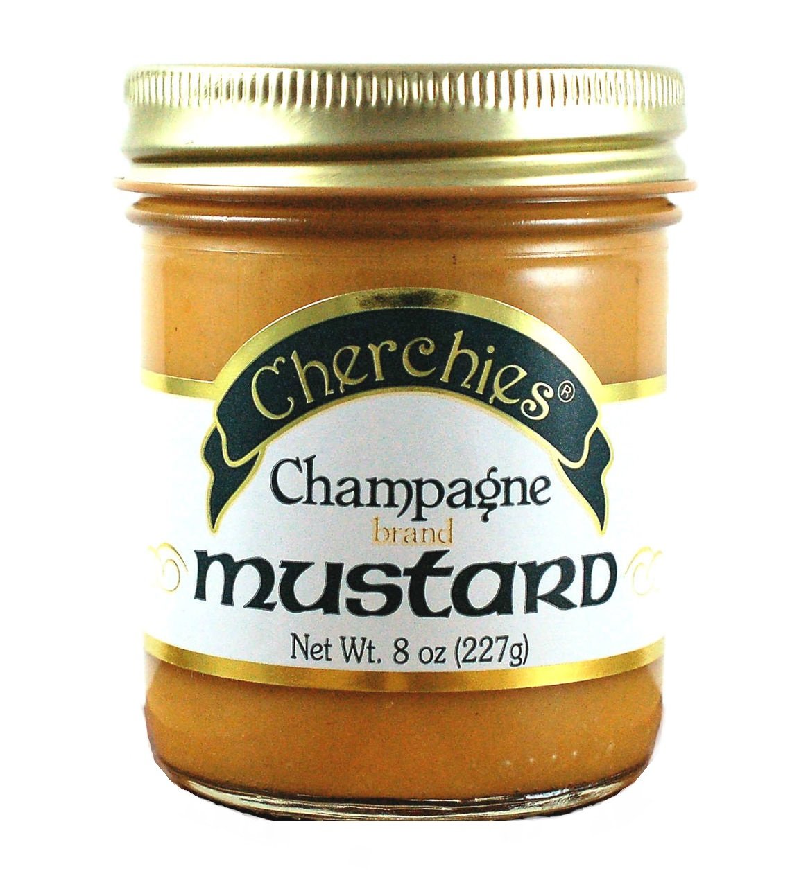 Cherchies Champagne Mustard 8oz bottle, smooth and savory, ideal for sandwiches and dips.