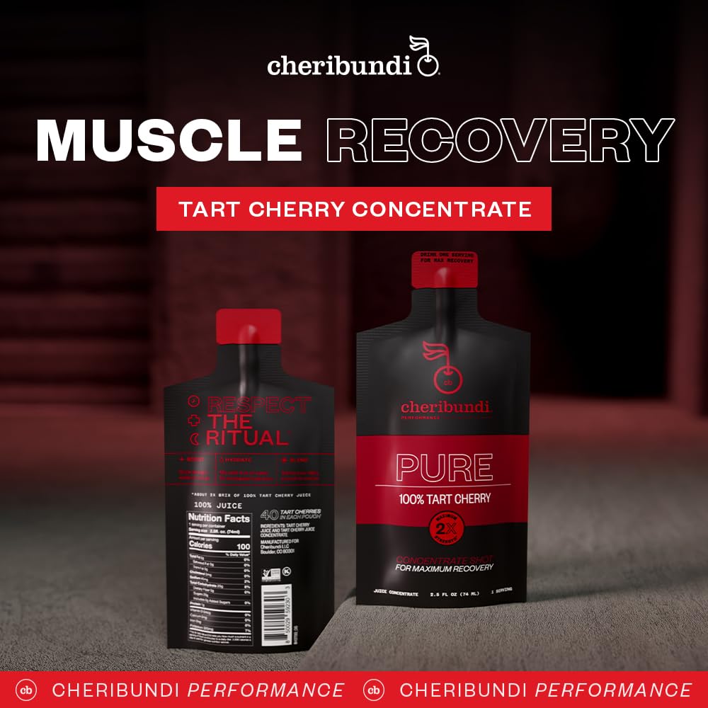 Cheribundi pouch containing 40 tart cherries for antioxidant support during workouts