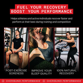 Cheribundi athlete recovery bottle shown in gym setting.