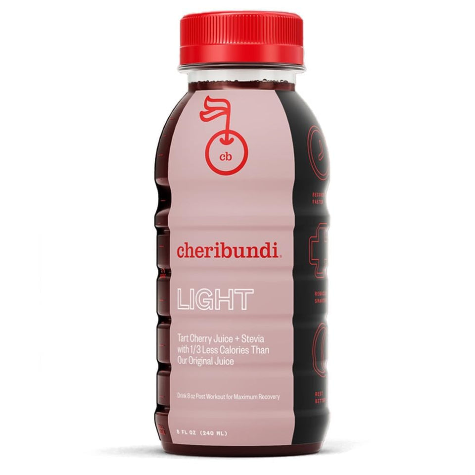 Cheribundi Light bottle on workout counter suggesting post-workout recovery potential