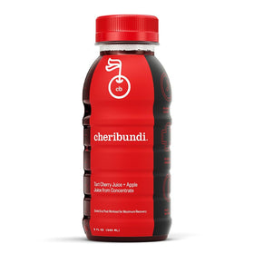 Cheribundi Original bottle pouring tart cherry juice for post-workout recovery.