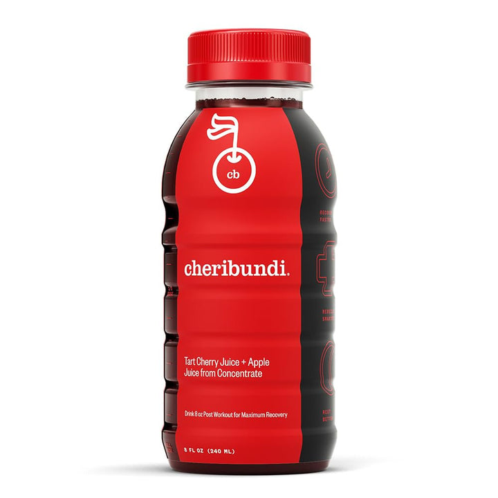 Cheribundi Original bottle pouring tart cherry juice for post-workout recovery.