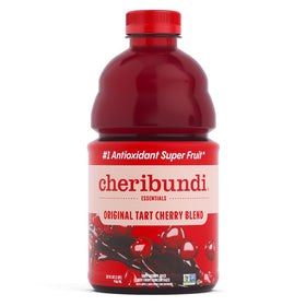 Cheribundi Original tart cherry juice bottle being poured for recovery.