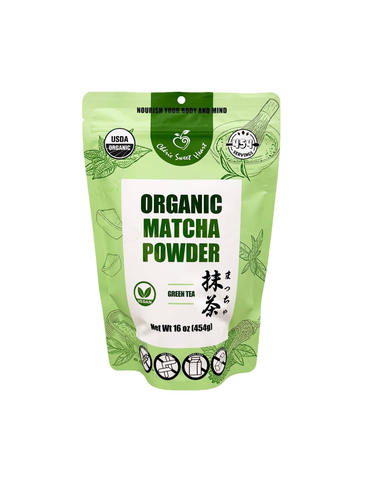 Cherie Sweet Heart Organic Matcha Powder in resealable bag for fresh flavor.