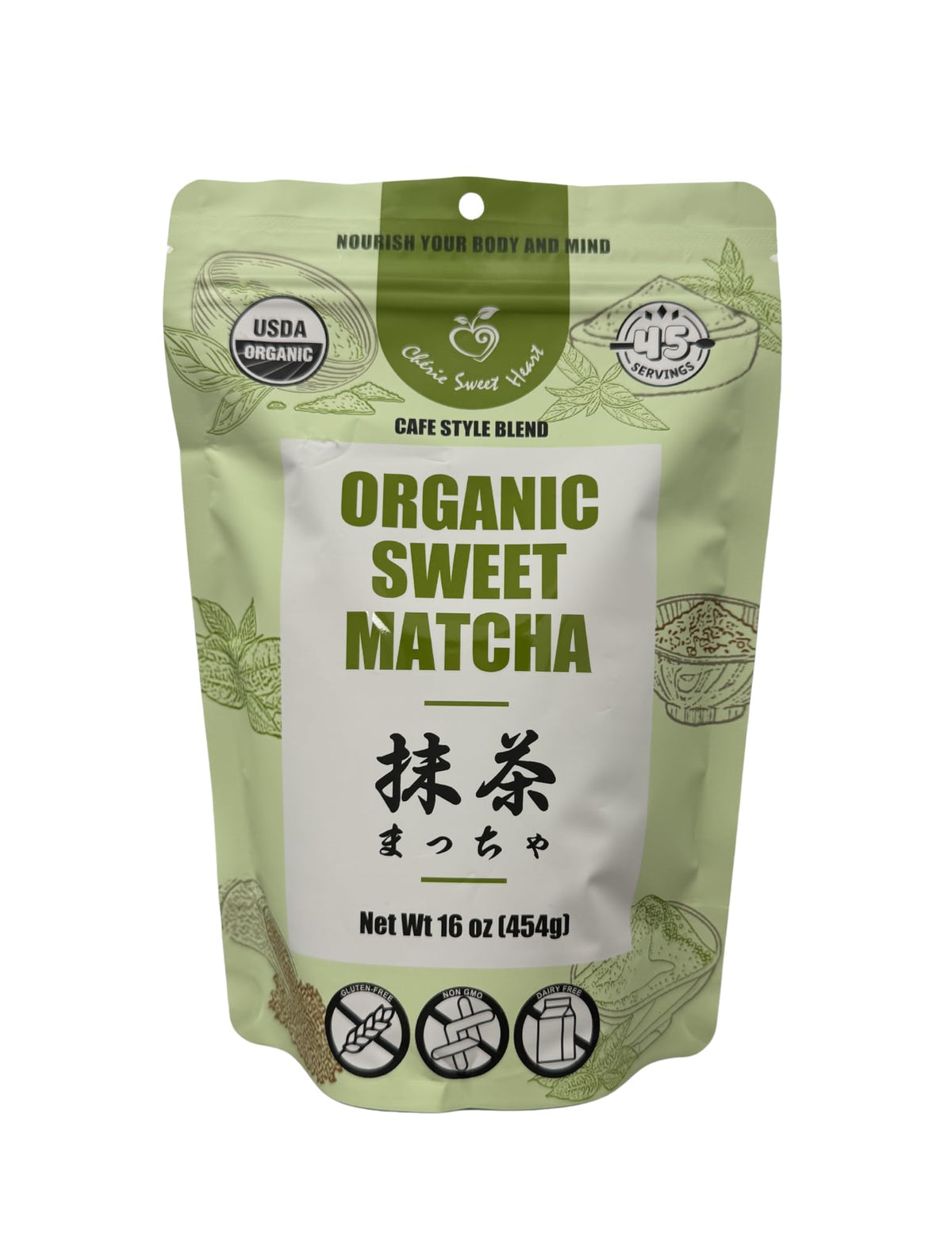 Chérie Sweet Heart organic sweet matcha powder for cafe-style lattes.