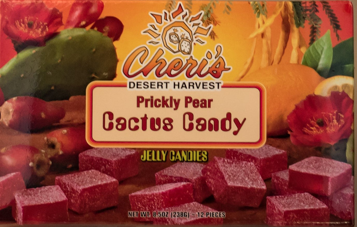 Cheri's Desert Harvest prickly pear jelly candies box front, ideal for gifting.