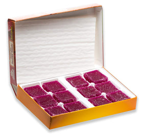 Close-up of Cheri's Desert Harvest prickly pear jelly candies glaze for snacking.