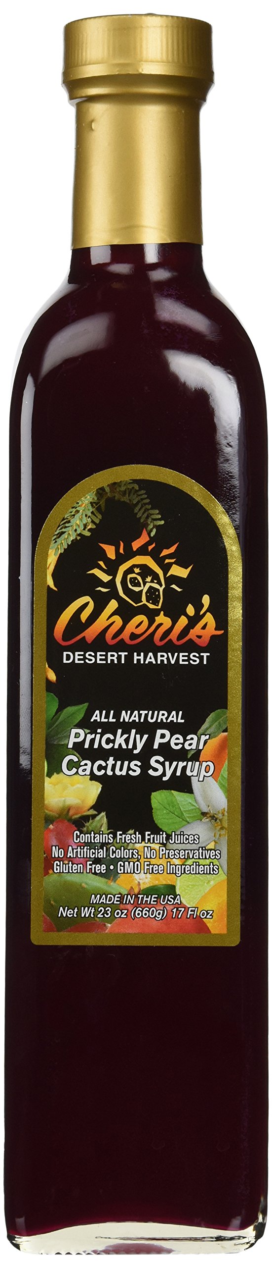 Cheri's Desert Harvest Prickly Pear Syrup bottle showing vibrant magenta color ideal for desserts.