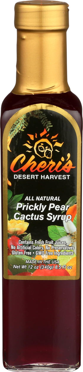 Cheri's Desert Harvest Prickly Pear Syrup bottle with vibrant magenta color for desserts.