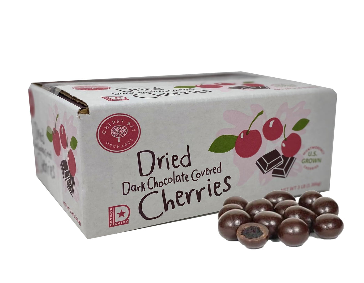 Cherry Bay Orchards dark chocolate covered cherries in a 3 lb box, gourmet indulgence.