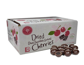 Cherry Bay Orchards dark chocolate covered cherries in a 3 lb box, gourmet indulgence.