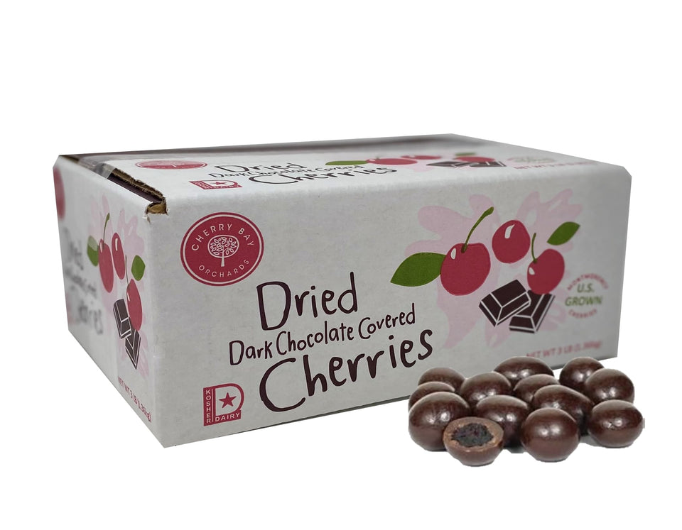 Cherry Bay Orchards dark chocolate covered cherries in a 3 lb box, gourmet indulgence.