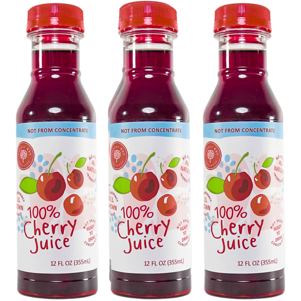 Cherry Bay Orchards Montmorency Tart Cherry Juice bottle front, all natural.