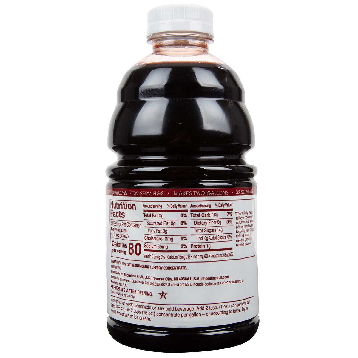 Cherry Bay Orchards Tart Cherry Concentrate bottle label highlighting USA-grown cherries.